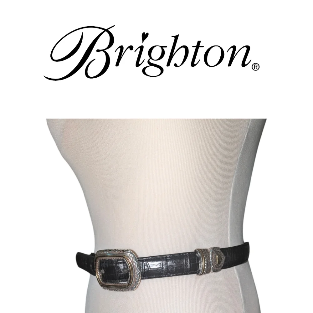 Brighton Marcus Belt 30 M Reversible Black Brown Croc Leather Silver Gol…